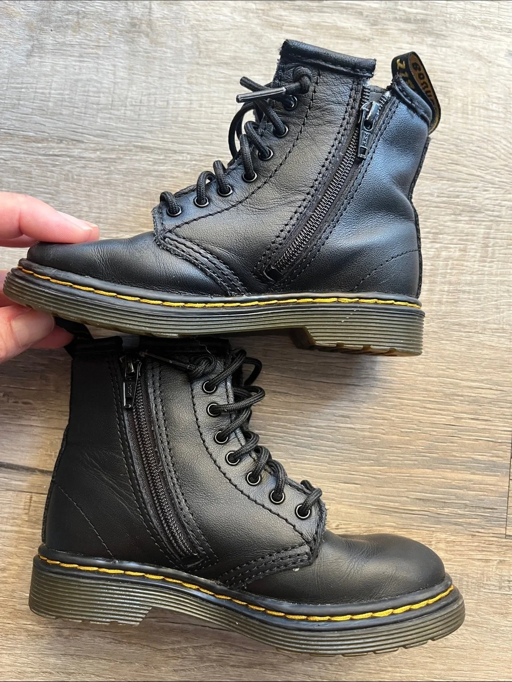 Dr. Martens Kids Black Leather Lace-Up Boots Yellow Stitching, Sz 9